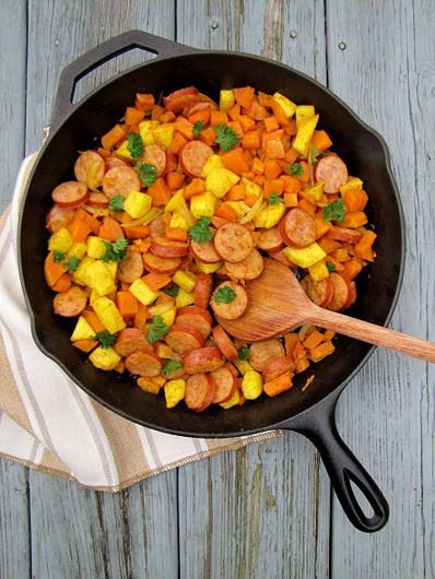 Post image for Indian Spiced Sweet Potato Kielbasa ONE Skillet Bake